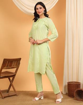 Women green ethnic motifs embroidered chikankari cotton tie up neck kurta palazzo set 3