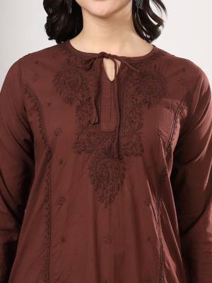 Women brown ethnic motifs embroidered chikankari cotton tie up neck kurta palazzo set 4