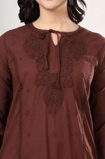 Women brown ethnic motifs embroidered chikankari cotton tie up neck kurta palazzo set
