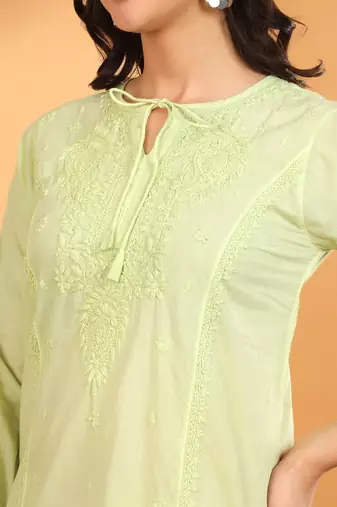 Women green ethnic motifs embroidered chikankari cotton tie up neck kurta palazzo set