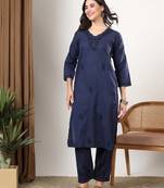 Women blue floral motifs embroidered chikankari cotton ethnic kurta palazzo set