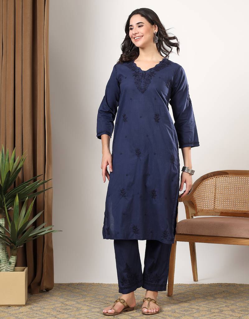 Women blue floral motifs embroidered chikankari cotton ethnic kurta palazzo set