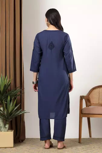 Women blue floral motifs embroidered chikankari cotton ethnic kurta palazzo set