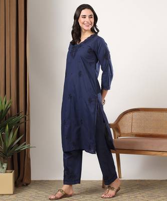 Women blue floral motifs embroidered chikankari cotton ethnic kurta palazzo set 3