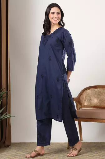 Women blue floral motifs embroidered chikankari cotton ethnic kurta palazzo set