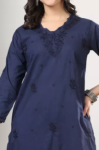 Women blue floral motifs embroidered chikankari cotton ethnic kurta palazzo set
