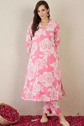 Women Floral Printed Cotton Kurta with Trousers