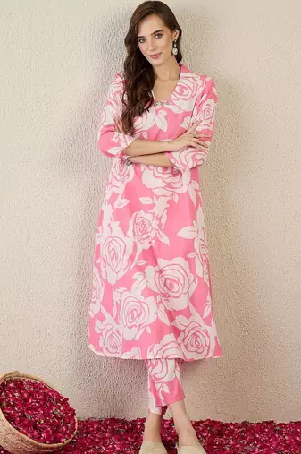 Women Floral Printed Cotton Kurta with Trousers