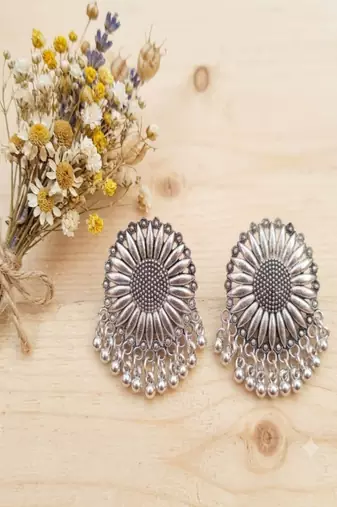Oxidised silver dangling beads studs