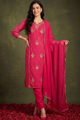 Women Ethnic Motifs Printed Thread Work Kurta with Trousers & With Dupatta