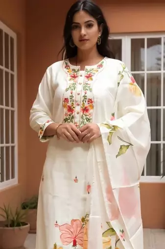 Floral Embroidered Thread Work Straight Kurta With Trousers & Dupatta