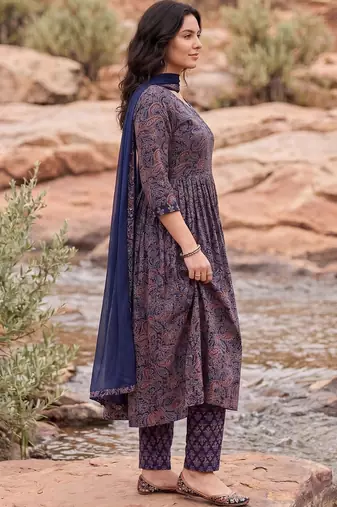 Women Ethnic Motifs Printed Empire Cotton Kurta with Trousers & With Dupatta