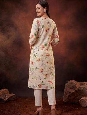 Women Floral Printed Thread Work Cotton Kurta with Trousers & With Dupatta 4