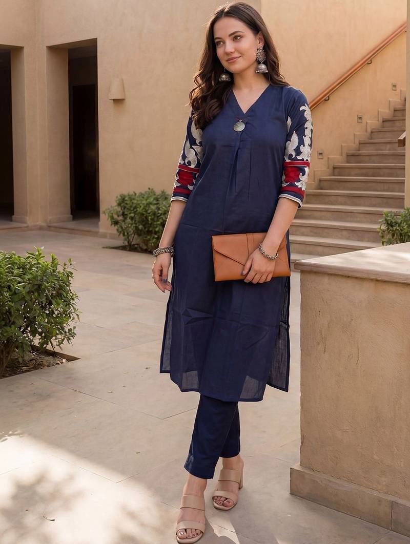 Women Embroidered Pleated Thread Work Cotton Kurta with Trousers