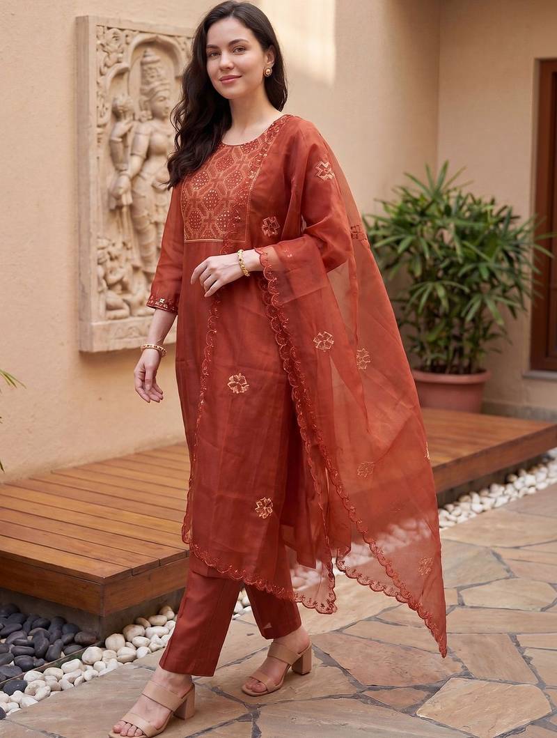 Women Ethnic Motifs Embroidered Thread Work Kurta With Trousers & Dupatta