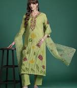 Floral Embroidered Thread Work Kurta with Trousers & With Dupatta