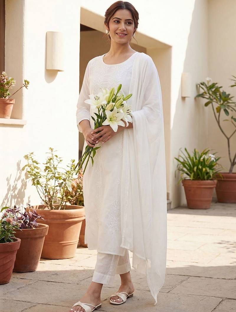 Women Ethnic Motifs Embroidered Chikankari Cotton Kurta with Trousers & With Dupatta