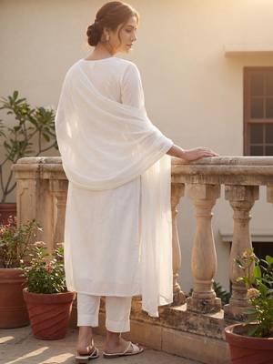 Women Ethnic Motifs Embroidered Chikankari Cotton Kurta with Trousers & With Dupatta 6