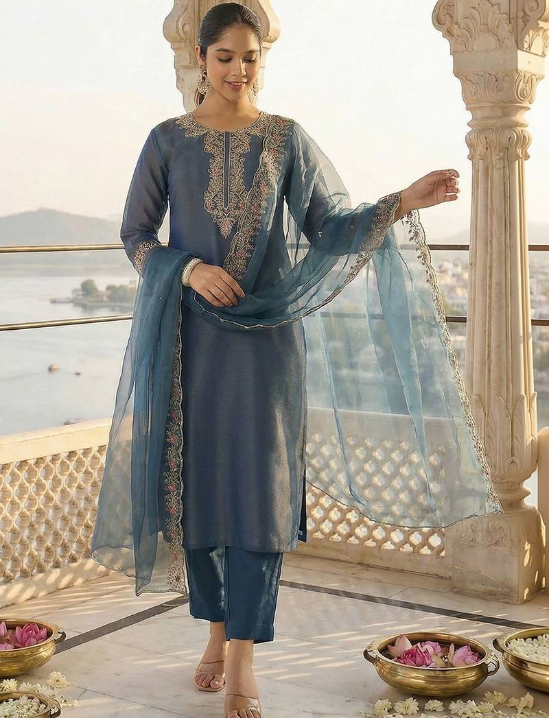 Women Ethnic Motifs Embroidered Liva Kurta with Trousers & With Dupatta