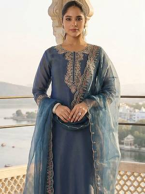 Women Ethnic Motifs Embroidered Liva Kurta with Trousers & With Dupatta 5