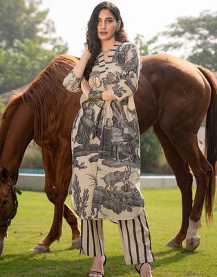 Tribal Printed V-Neck Linen Straight Kurta With Trouser 1