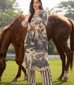 Tribal Printed V-Neck Linen Straight Kurta With Trouser