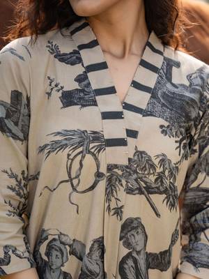 Tribal Printed V-Neck Linen Straight Kurta With Trouser 3