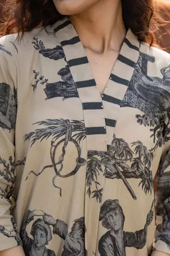 Tribal Printed V-Neck Linen Straight Kurta With Trouser