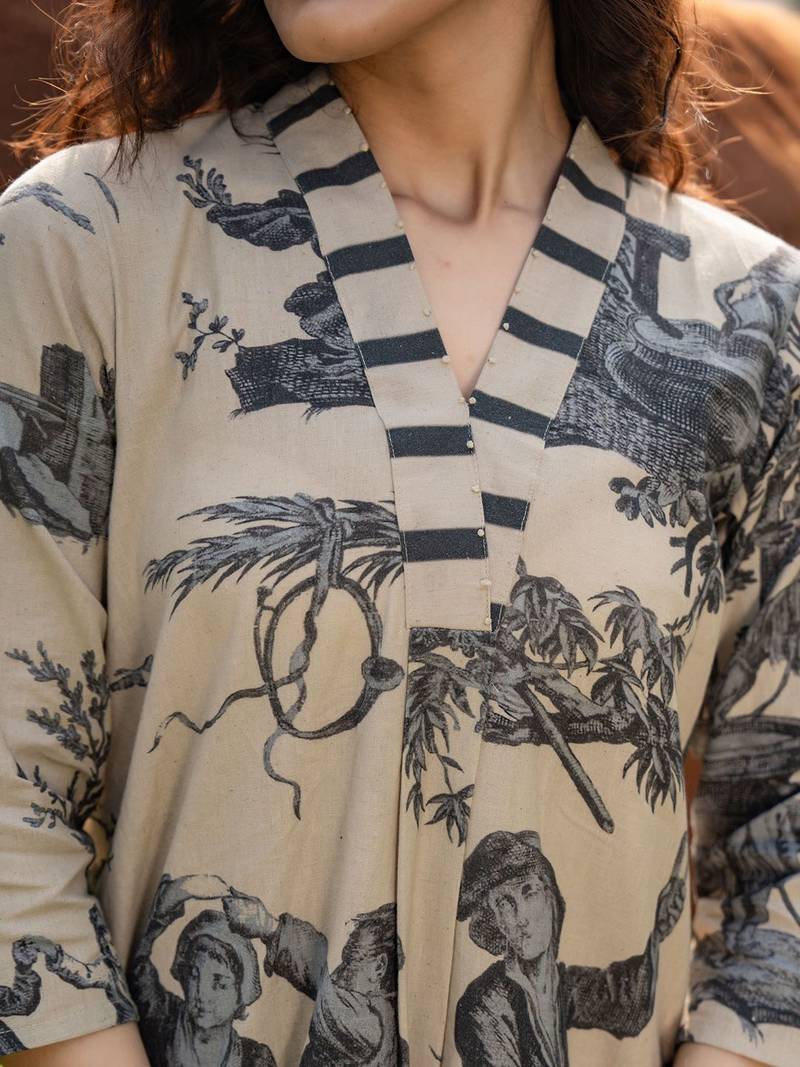 Tribal Printed V-Neck Linen Straight Kurta With Trouser