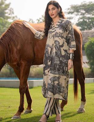 Tribal Printed V-Neck Linen Straight Kurta With Trouser 4