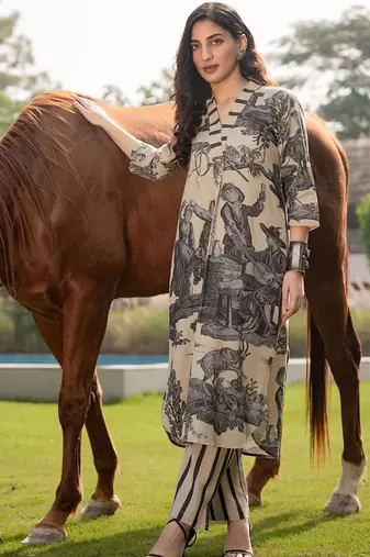 Tribal Printed V-Neck Linen Straight Kurta With Trouser