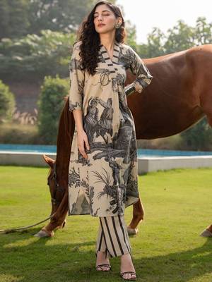 Tribal Printed V-Neck Linen Straight Kurta With Trouser 5