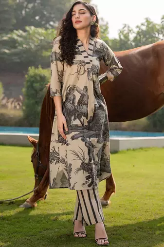 Tribal Printed V-Neck Linen Straight Kurta With Trouser