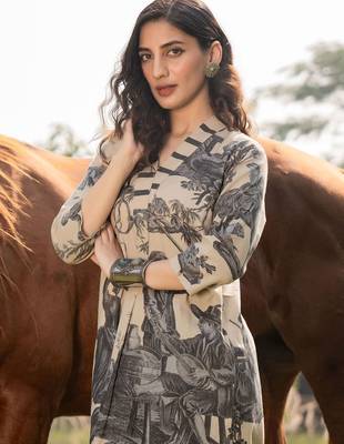 Tribal Printed V-Neck Linen Straight Kurta With Trouser 6