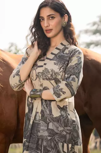 Tribal Printed V-Neck Linen Straight Kurta With Trouser