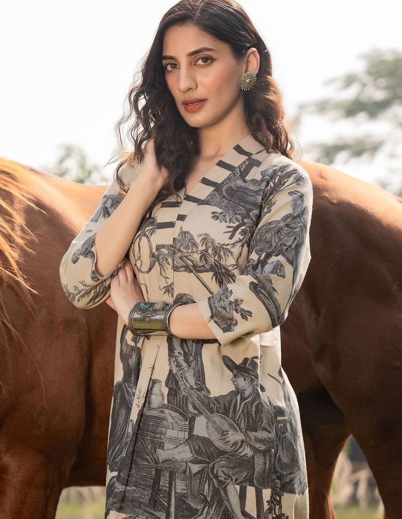 Tribal Printed V-Neck Linen Straight Kurta With Trouser