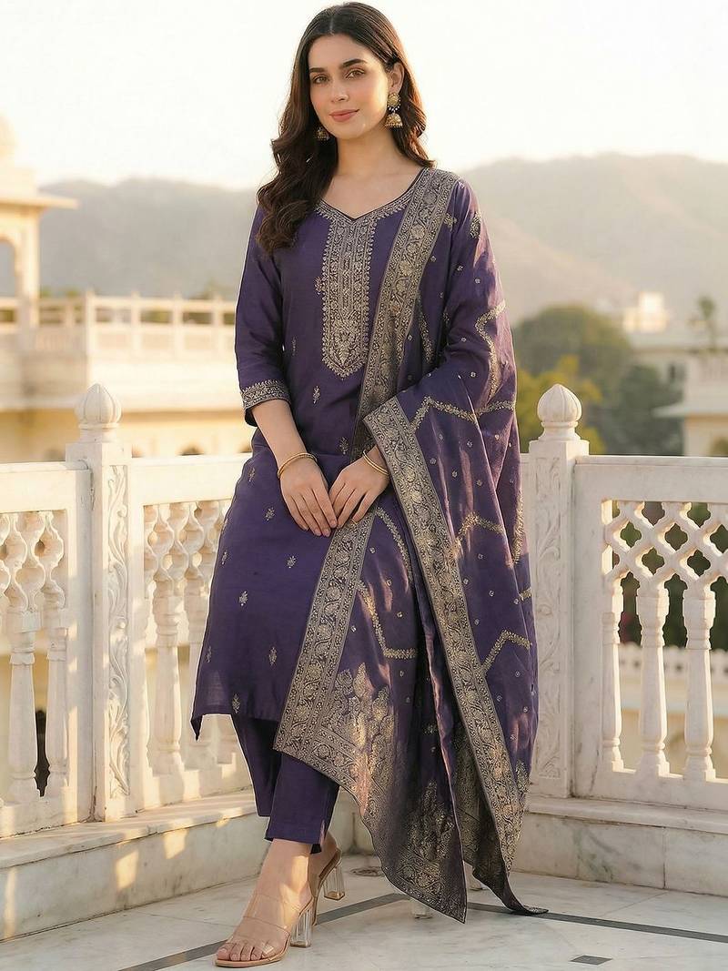 Women Ethnic Motifs Embroidered Thread Work Kurta with Trousers & With Dupatta