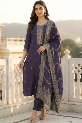 Women Ethnic Motifs Embroidered Thread Work Kurta with Trousers & With Dupatta
