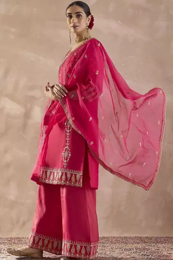 Ethnic Motifs Embroidered Straight Thread Work Kurta With Palazzos & Dupatta