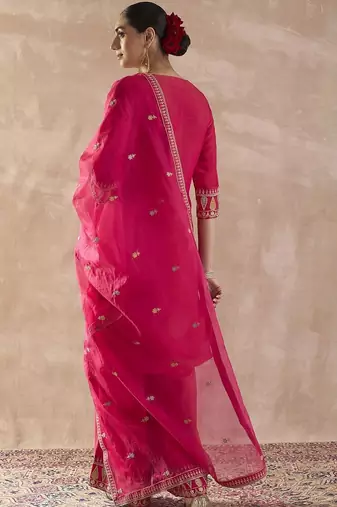 Ethnic Motifs Embroidered Straight Thread Work Kurta With Palazzos & Dupatta