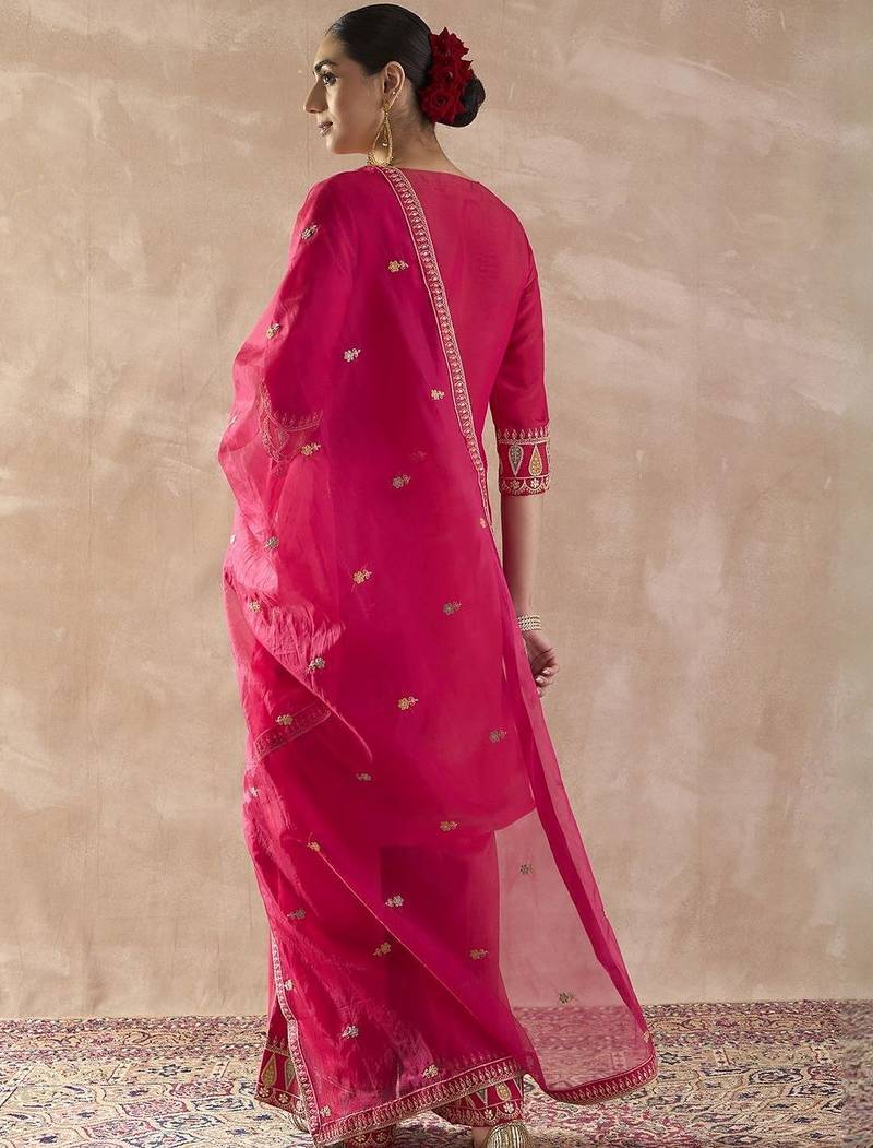 Ethnic Motifs Embroidered Straight Thread Work Kurta With Palazzos & Dupatta