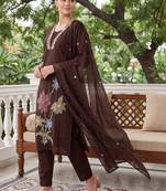 Women Floral Embroidered Thread Work Cotton Kurta with Trousers & With Dupatta