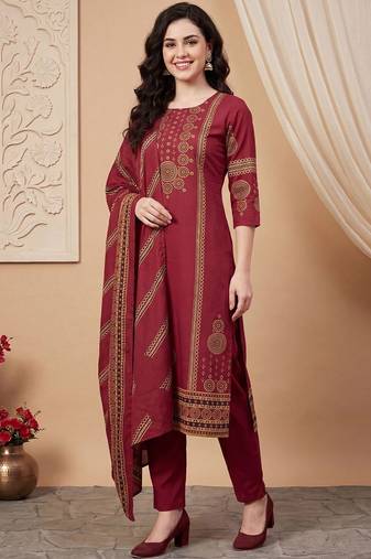 Women Ethnic Motifs Printed Cotton Kurta with Trousers & With Dupatta