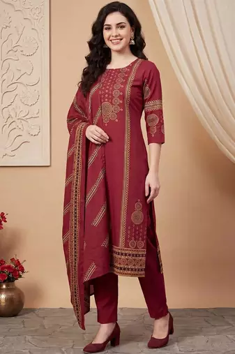 Women Ethnic Motifs Printed Cotton Kurta with Trousers & With Dupatta