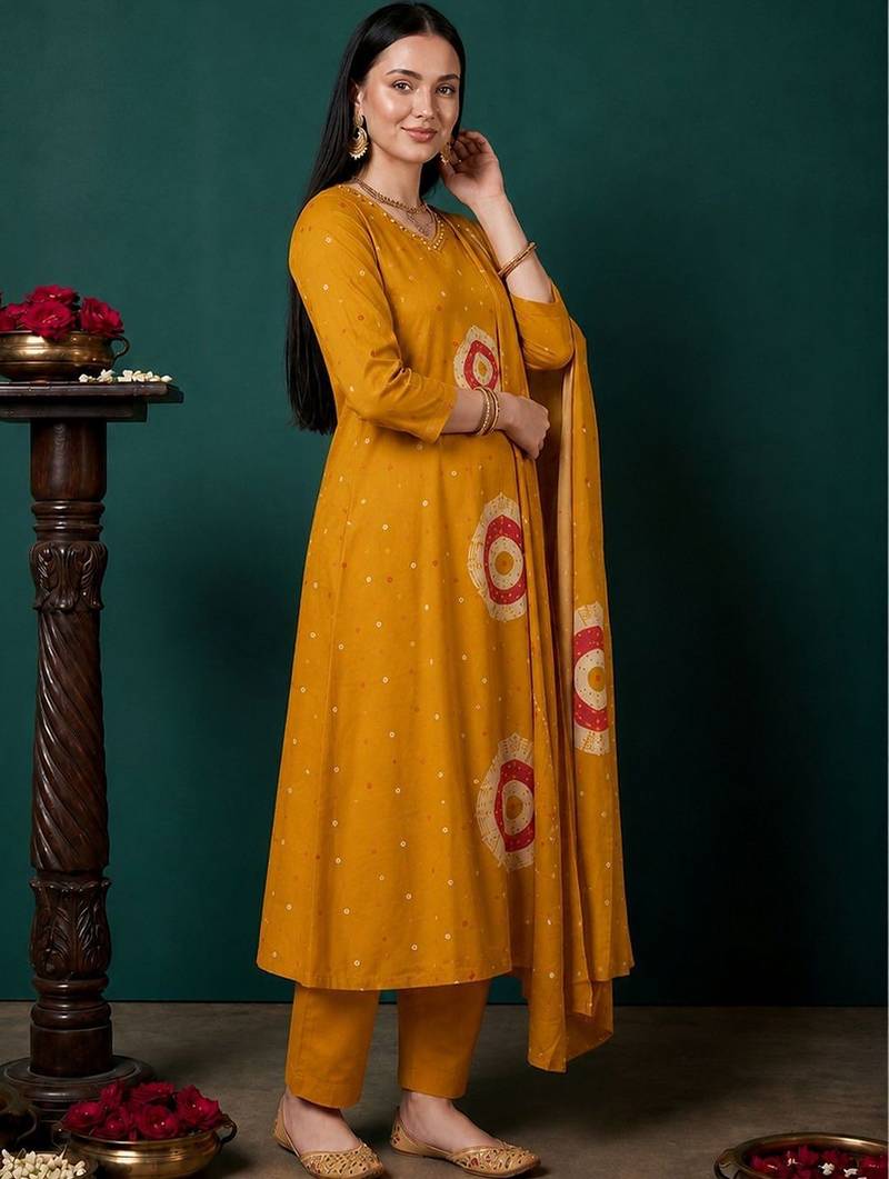 Women Bandhani Printed Cotton Kurta with Trousers & With Dupatta