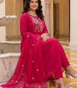 Women Ethnic Motifs Embroidered Tiered Thread Work Cotton Kurta with Trousers & With Dupatta