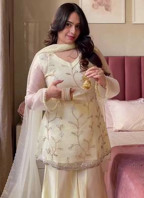 Light Yellow Color  Multi Embroidery And Hand Bids Work Georgette Salwar Suit 2