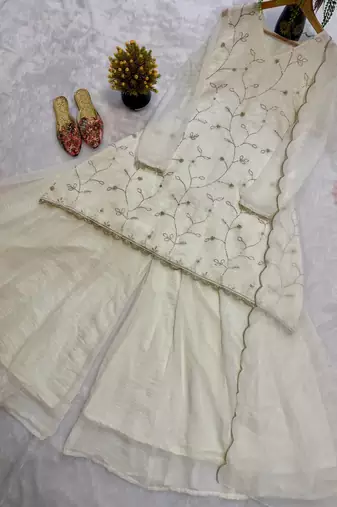 Light Yellow Color  Multi Embroidery And Hand Bids Work Georgette Salwar Suit
