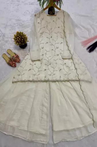 Light Yellow Color  Multi Embroidery And Hand Bids Work Georgette Salwar Suit