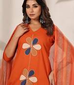 Women Floral Embroidered Patchwork Cotton Kurta with Trousers & With Dupatta